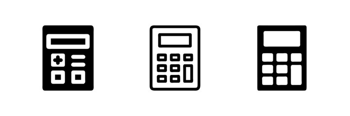 Minimalist black and white vector calculator icons for finance, education, or tech projects. Scalable and editable for UI design or infographics.