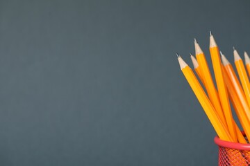 Many pencils in holder on grey background, closeup. Space for text