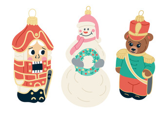Hand drawn illustration of vintage Christmas ornaments featuring nutcracker, snowman and teddy bear. Festive retro decoration design representing holiday spirit, nostalgia and tradition