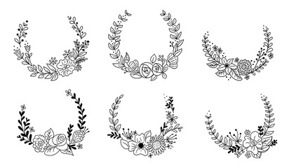 Obraz premium Hand drawn black and white set of decorative floral wreaths and botanical frames. Elegant outline elements symbolizing nature, celebration and ornamental design