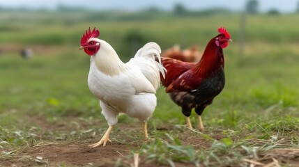 Fototapeta premium Dynamic free range chickens on a farm showing vibrant colors and natural behavior