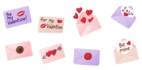 Hand drawn illustration of love letters and envelopes with hearts and messages. Romantic holiday design representing Valentines Day, affection and emotional connection