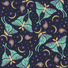 Seamless pattern with teal luna moth and paisley on dark blue background. Stars and moons boho wallpaper. Nocturnal butterfly background. Vector illustration
