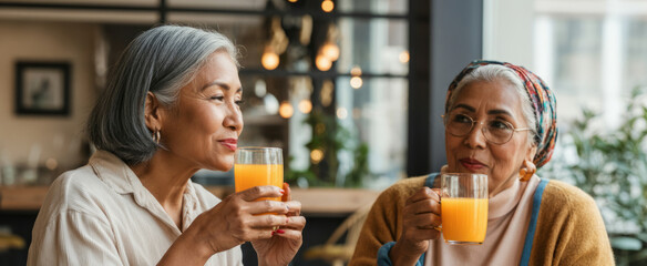 Elderly asian women enjoying orange juice in cozy cafe setting