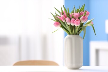 Bouquet of beautiful tulips in vase on white table indoors, space for text