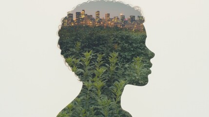 Urban mind, rural soul.  A profile view of a person with a city skyline overlaid on one side, and a field of green plants on the other
