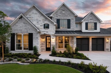 a beautiful two-story, pale gray stone and tan-colored house with a three-car garage in the suburbs