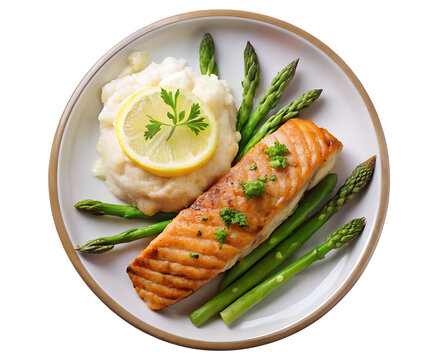 top view Elegant plating of grilled salmon with asparagus spears and mashed potatoes at a fine seafood restaurant isolated on white transparent background