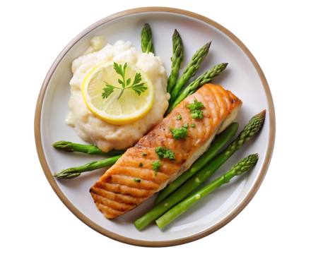 top view Elegant plating of grilled salmon with asparagus spears and mashed potatoes at a fine seafood restaurant isolated on white transparent background
