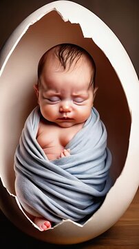 A newborn human baby nestled inside an eggshell, symbolizing new beginnings and the fragility of life.