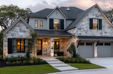 a beautiful two-story, pale gray stone and tan-colored house with a three-car garage in the suburbs