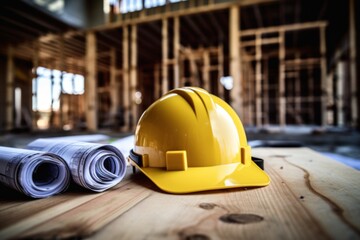 construction helmet on a blueprint in a house construction site