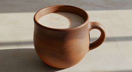 Warm Beverage Served In Rustic Earthenware Mug On Sunlit Surface