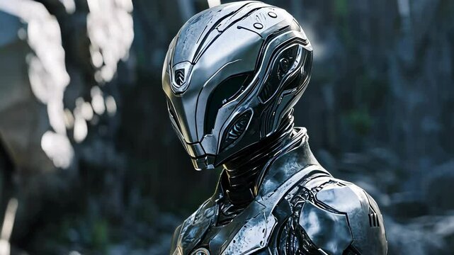 A 3d model of a futuristic alien character with shadowed rocks in the background. A video game concept design.