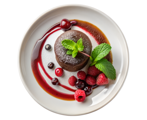 top view Artistic dessert plate featuring chocolate lava cake with berry coulis and mint in a fancy dining restaurant isolated on white transparent background