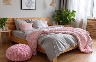 an uncluttered bedroom with a wooden bed frame, grey and pink bedding, a small black-framed art print on the wall above it, white walls