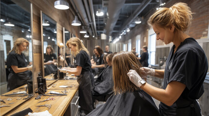 Hairdresser wearing gloves cutting the hair of a customer in a busy salon, with other hairdressers working in the background