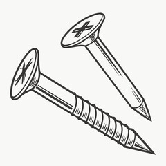Hand Drawn Wood Screw Construction Fastener In Black And White Illustration