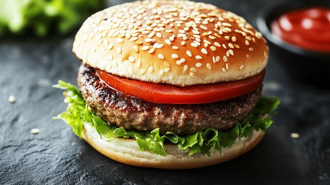 A close up of a sesame seed bun burger with lettuce tomato and a side of ketchup on a dark surface