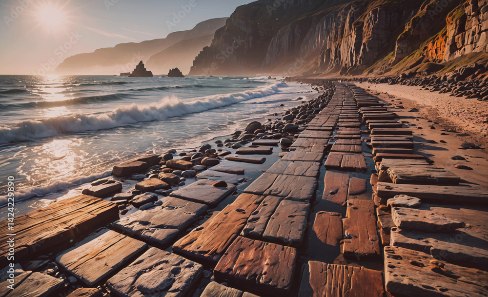 Aufkleber beach with a rocky shoreline and a large body of water. the beach is lined with large wooden blocks,