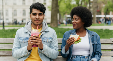 Fototapeta premium Young asian male and african female enjoying snacks outdoors on a park bench