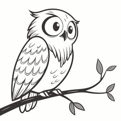 Charming Cartoon Owl Perched On Branch Black And White Vector Illustration