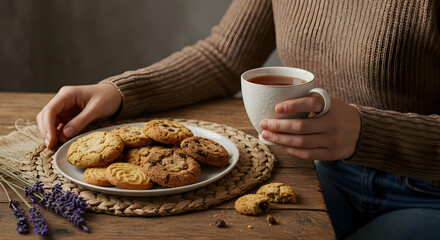 Relaxing Tea Time With Homemade Cookies And Lavender Decoration