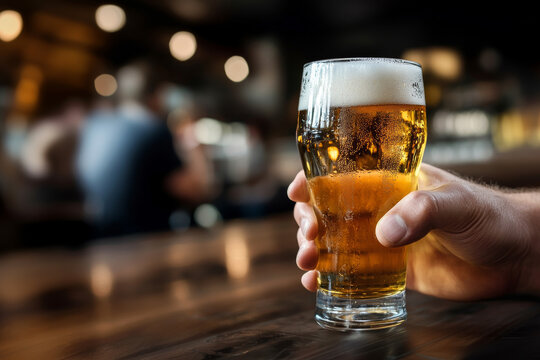 glass of beer in male hand in the pub