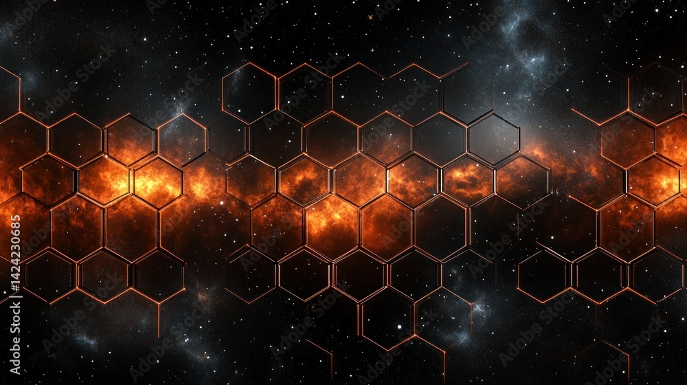 Poster abstract hexagonal pattern with fiery nebula in space.