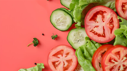 vegetables close-up top view on a red background