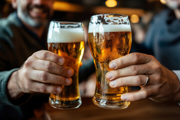 close up of men drinking beer in the pub