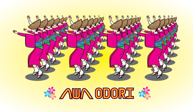 Awa Odori traditional Japan dance festival with group of cute Japanese woman dress in Kimono Yukata and Amigasa or straw hat drawing in colourful cartoon vector