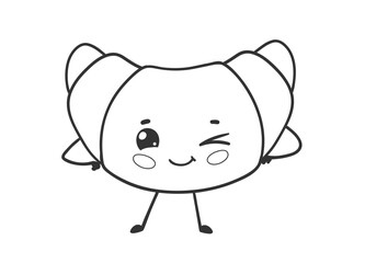 Vector line art illustration of a cute croissant with a smiling face and winking expression.