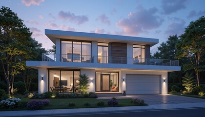 Fototapeta premium Modern two-story house with flat roof, expansive windows, and integrated garage illuminated at dusk