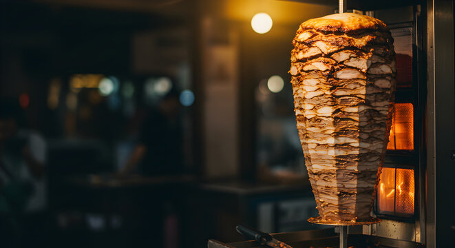 Vertical Spit Roasting Deliciously Stacked Shawarma Meat In Restaurant