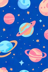 Colorful planets and stars on a blue background