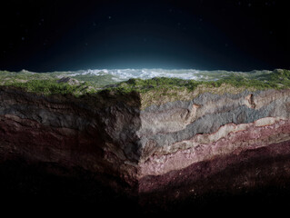 Cross section of Earth layers showing terrain and strata in detail