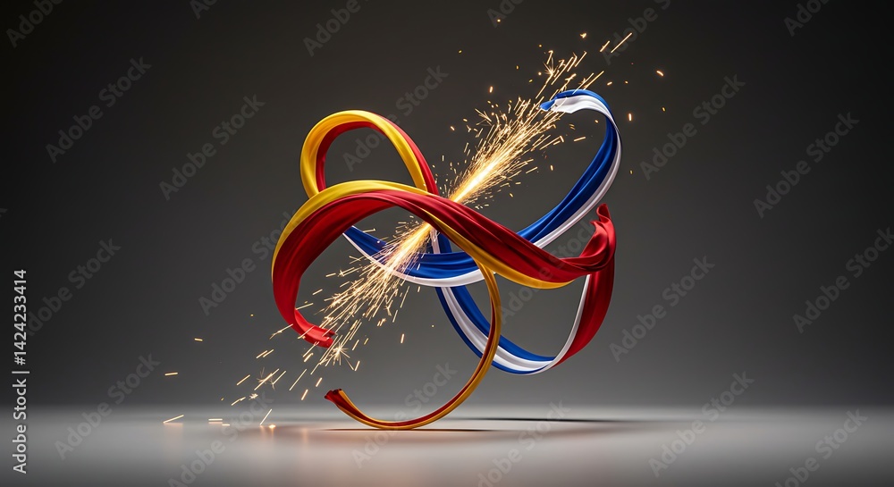 Poster dynamic ribbons interplay amidst a burst of sparkling light on grey backdrop