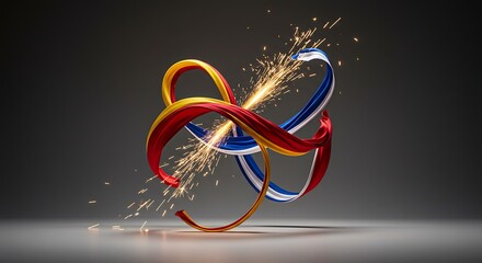 Dynamic ribbons interplay amidst a burst of sparkling light on grey backdrop