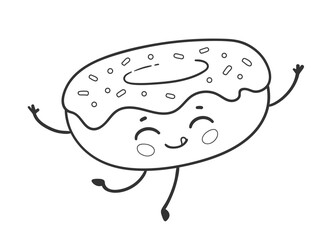 Vector line art illustration of a cute donut with a smiling face, frosting, and sprinkles.