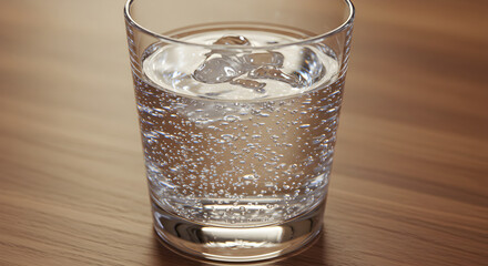 Refreshing Sparkling Water With Ice Cubes On Wooden Surface Close-Up