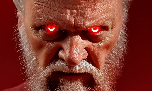 Intense face of an older man with a white beard and piercing red eyes on a red background
