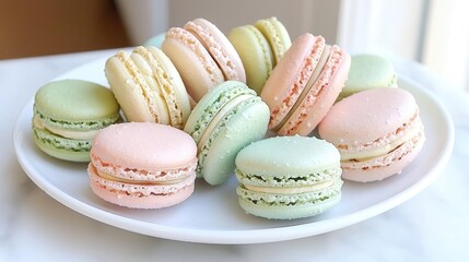 Fototapeta premium Assorted pastel French macarons piled on a white ceramic plate over a bright marble tabletop.