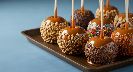Caramel Apples With Assorted Toppings Displayed on Tray for Festive Treat
