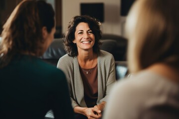 Middle aged female therapist conducting a group session counseling smiling