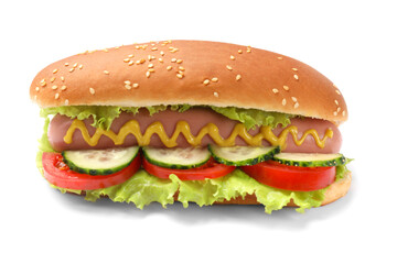 Tasty hot dog with vegetables isolated on white