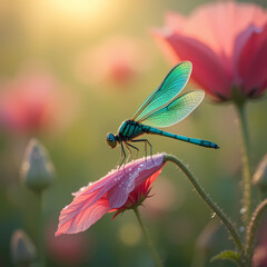 A photograph captures an emerald dragonfly perched on a dew-filled hibiscus petal in a remote wildflower meadow at sunrise. The dragonfly&rsquo;s slender body shimmers with shimmering emerald and turquoise 