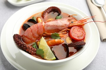 Tasty seafood soup in bowl on light grey table, closeup