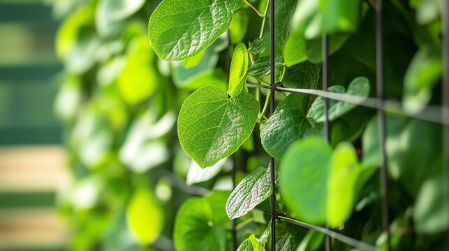 Green Vine Growing on Black Trellis with Lush Leafy Background