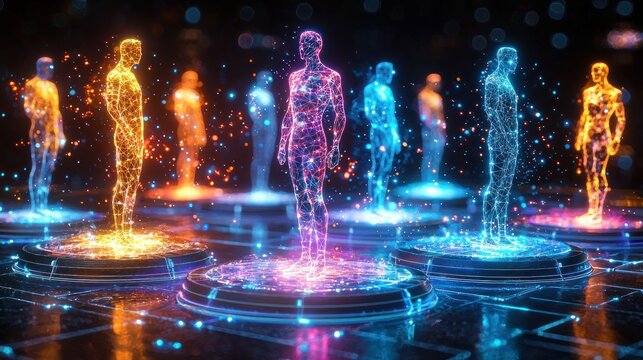 Holographic human figures standing on illuminated platforms - Powered by Adobe